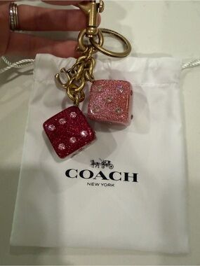 Coach Pink Glitter Dice Bag Charm Keychain Crystal Gold Tone